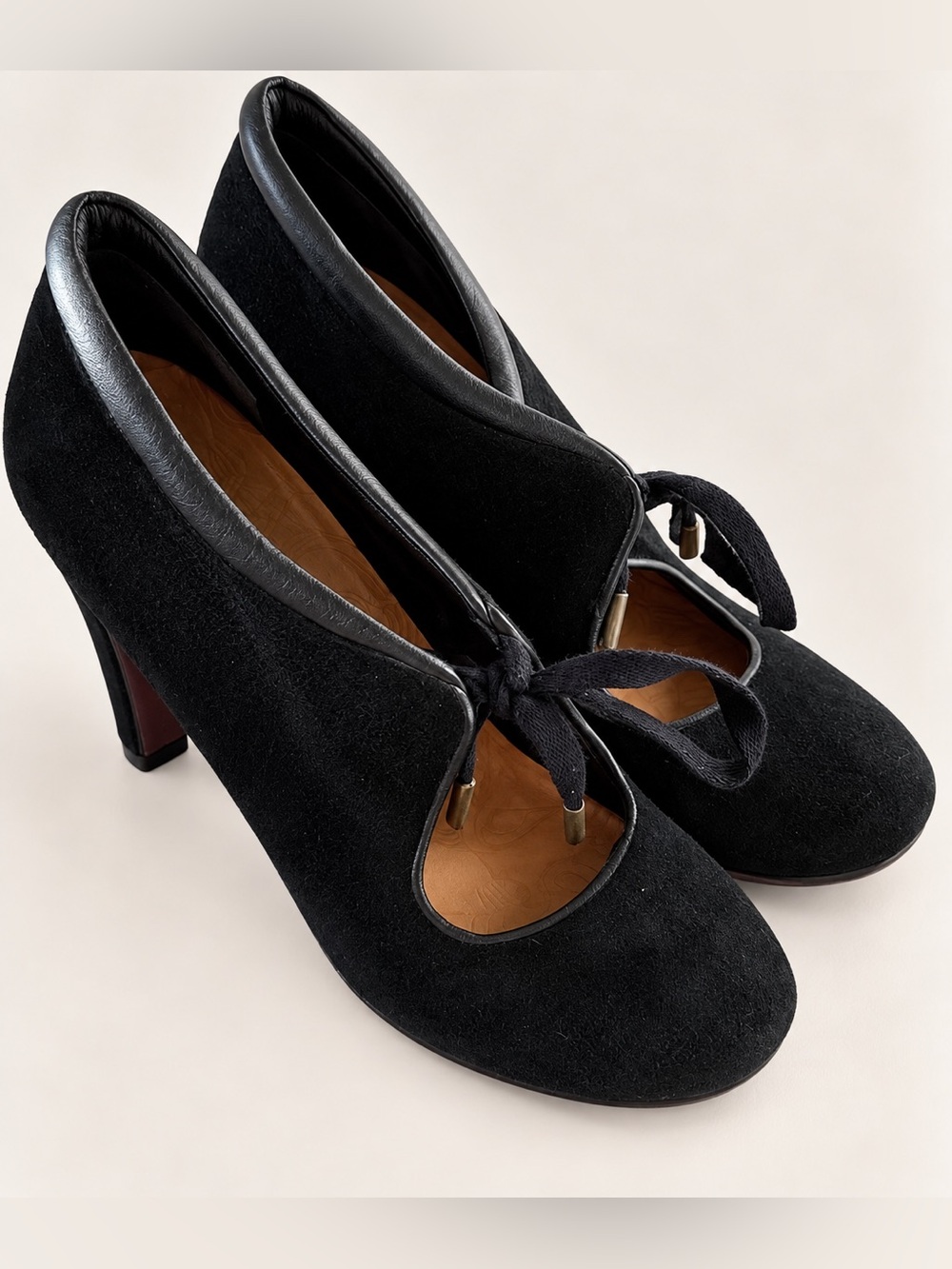 Chie Mihara Black Suede Lace-Up Mary Jane Heels Pumps Size 38 Made in Spain